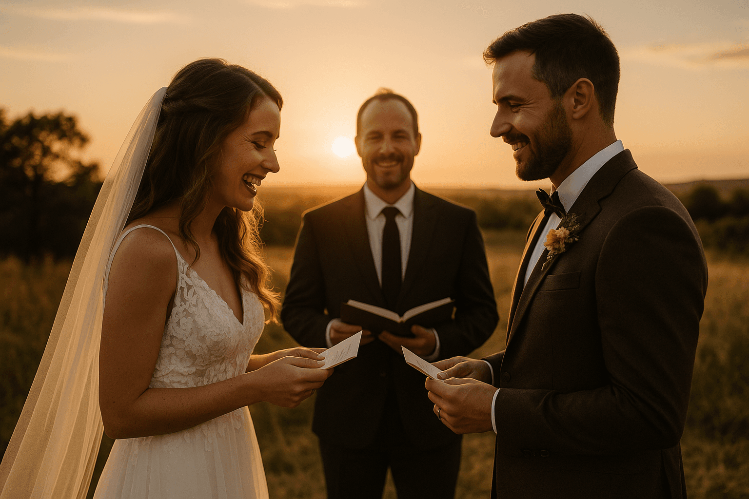 Wedding couple standing together at sunset
